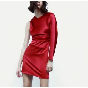 NWT Zara Red Satin One Shoulder Long Sleeve Mini Dress Plus Size XXL